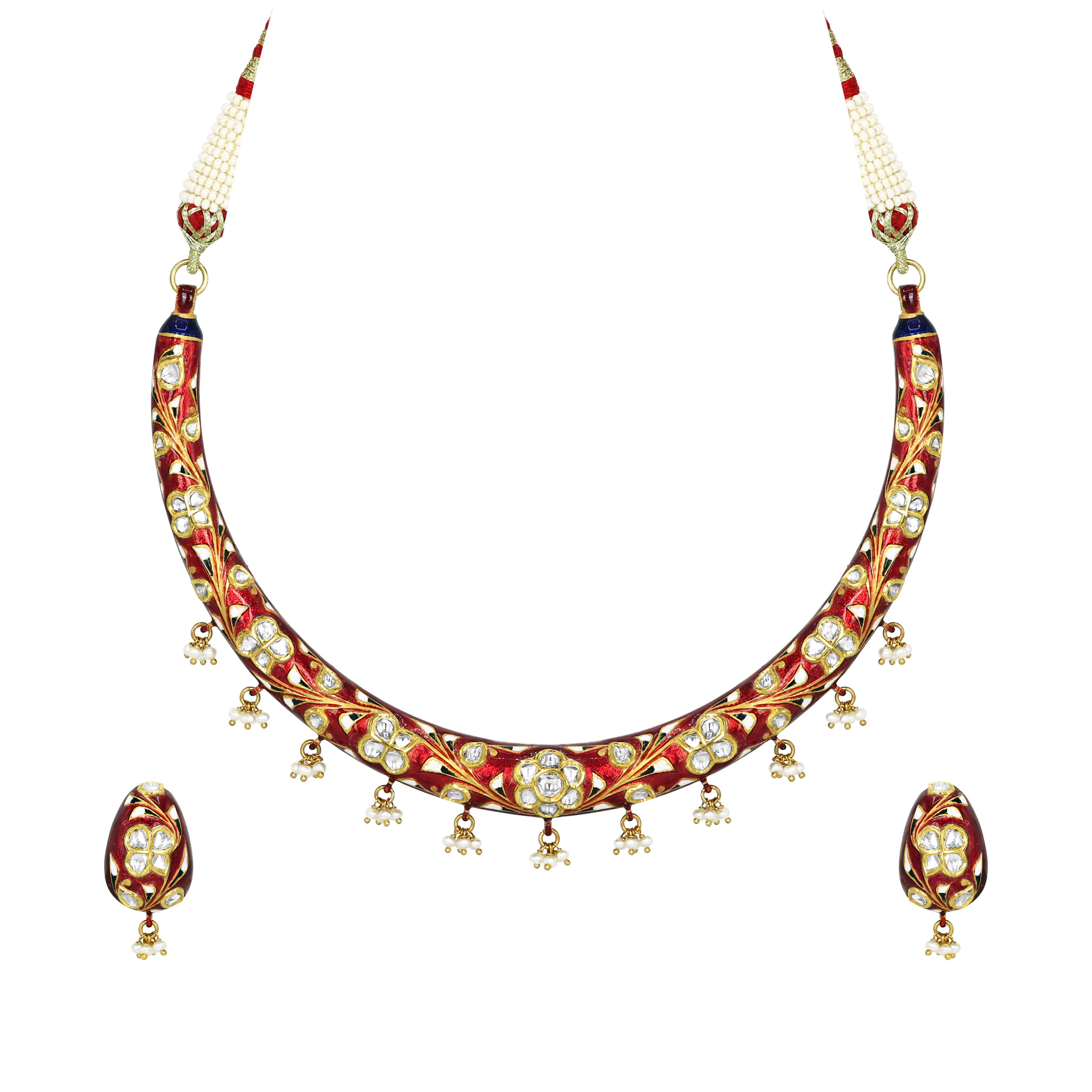 Polki Hasli Necklace Set with Red Enamel and Pearl Beads